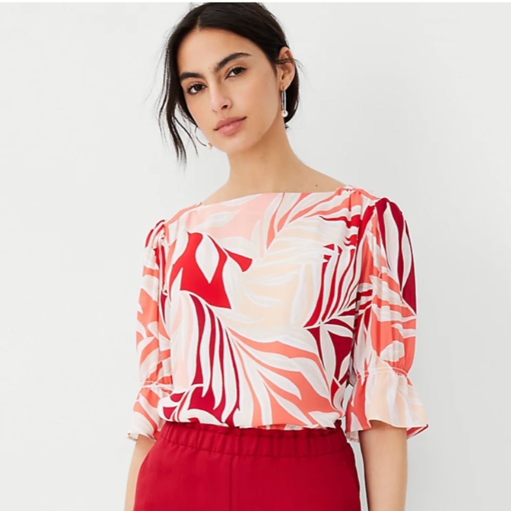 Ann Taylor Red and Salmon Leaf Print Blouse